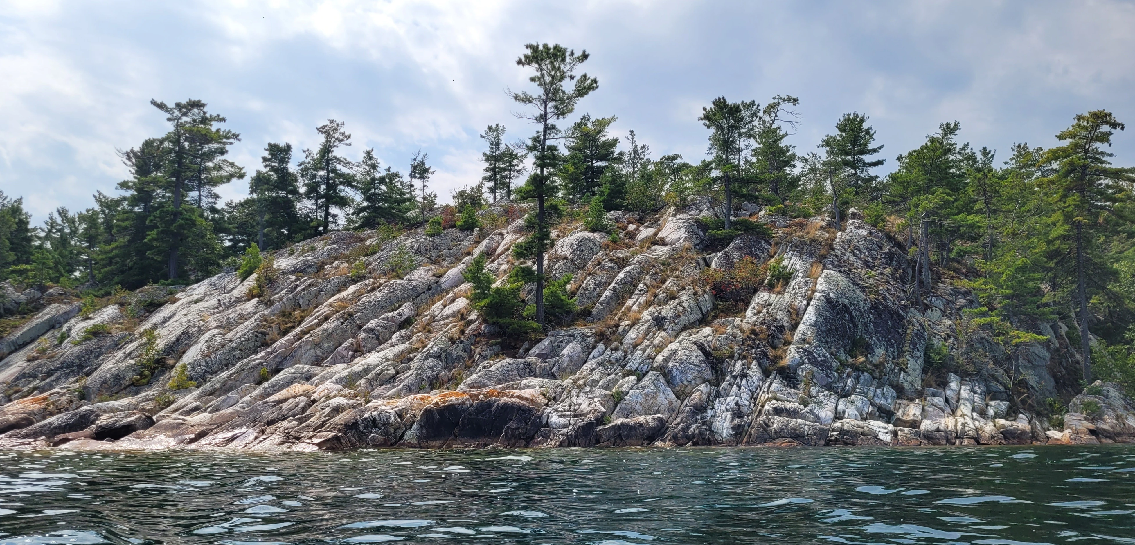 White quartzite cliffs and pine trees along the shoreline of Killarney Bay Ontario Canada